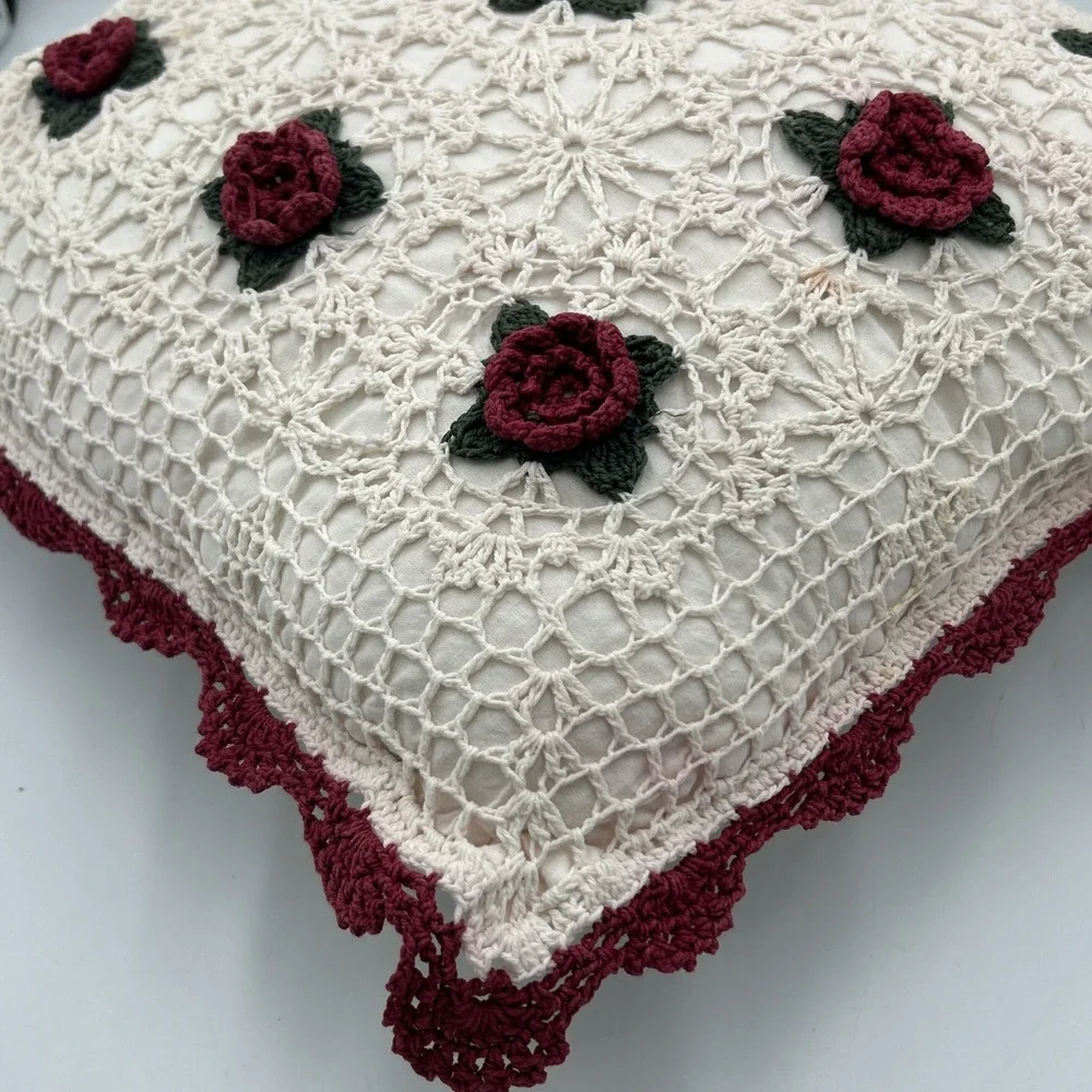 Vtg Decorative Crochet Lace Maroon Rose 15
